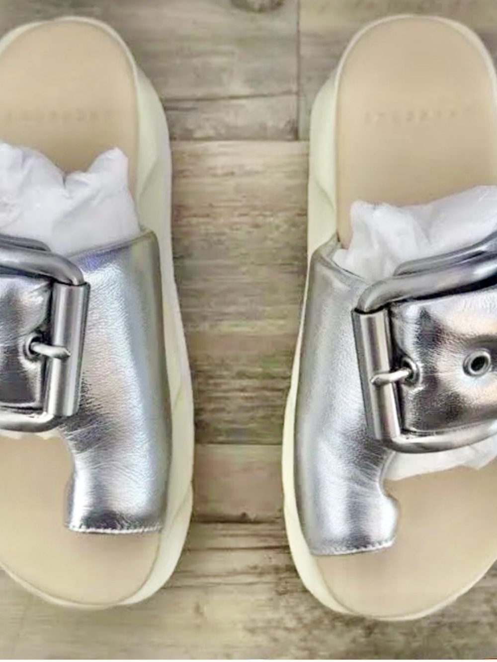 4CCCCEEs Metallic Silver Buckle Slide Sandals